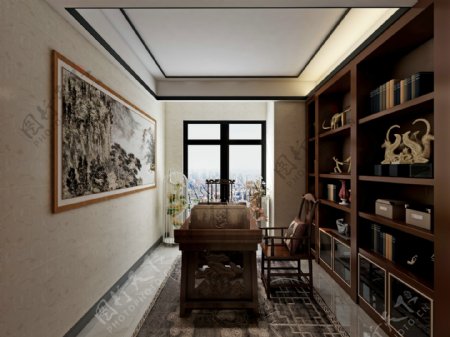 新中式家居书房效果图