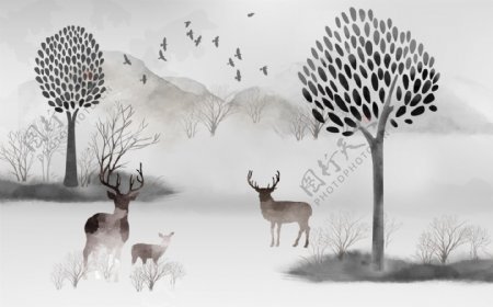 北欧小清新树林麋鹿剪影背景墙