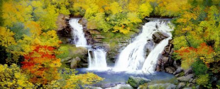 瀑布溪流油画
