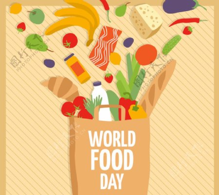 创意世界粮食日装满食物的购物袋