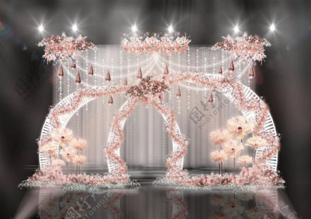 粉色水滴眼泪绑绳拱门围绕花串婚礼效果图
