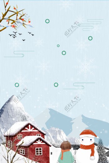 风景雪人冬季促销广告背景图