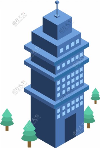 原创2.5D蓝色办公楼建筑树木可商用元素