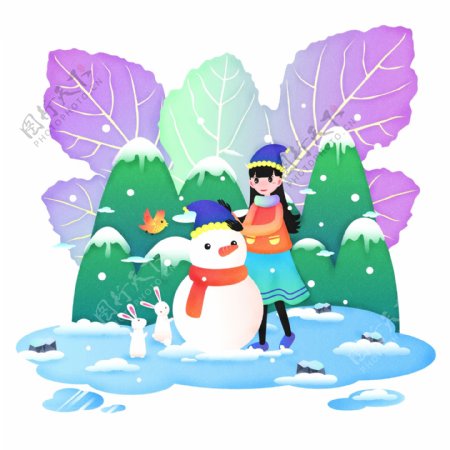 二十四节气小雪之女孩堆雪人原创商用元素