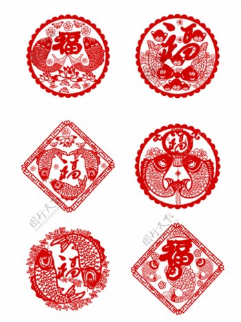 窗花剪纸鱼福字新年传统节日手绘插画可商用