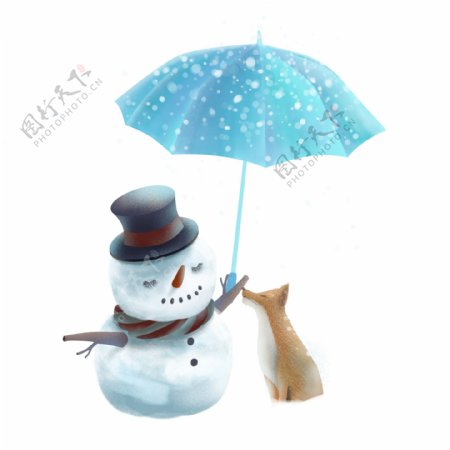 唯美清新撑着伞的雪人和狐狸