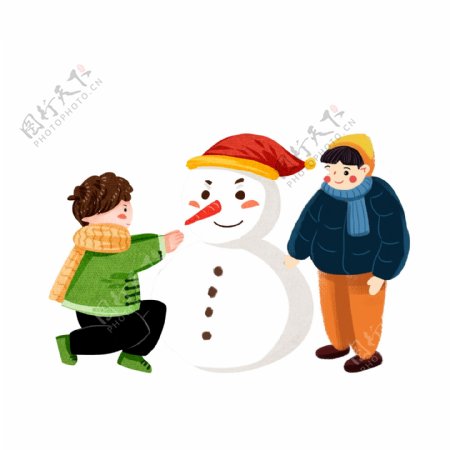卡通冬天两个堆雪人的小孩可商用元素