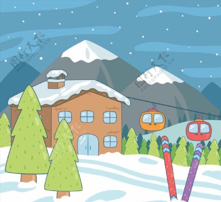 卡通冬季滑雪场风景