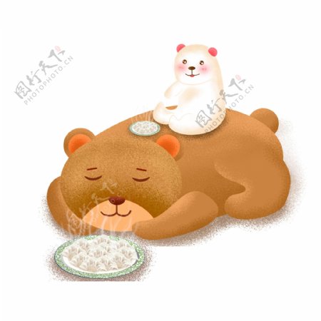 彩绘吃饺子的白熊和棕熊创意设计