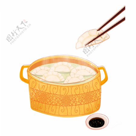 手绘立冬一锅饺子插画元素设计