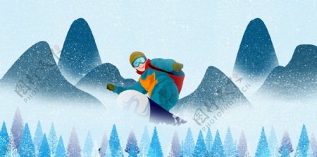 清新蓝色森林滑雪背景