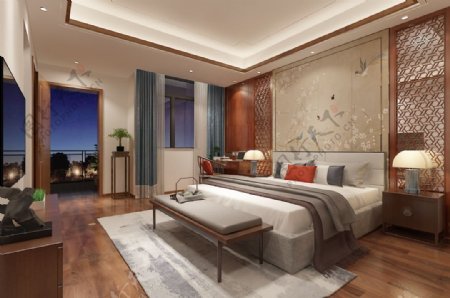 现代中式卧室空间效果图模型温馨床