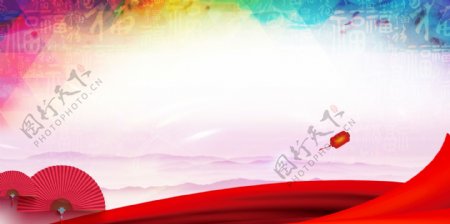 多彩彩墨中国风红色扇子广告背景素材