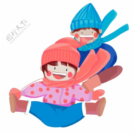 卡通手绘女孩和男孩一起滑雪