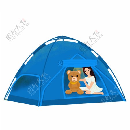 手绘帐篷里的女孩和小熊设计
