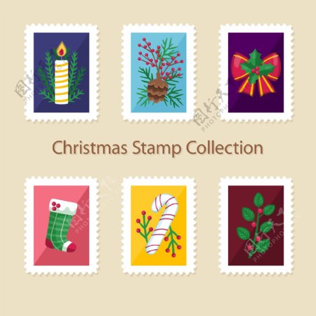 彩色图案的圣诞邮票标签素材
