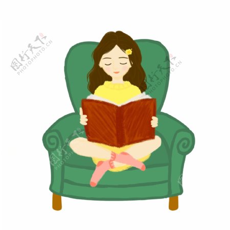 手绘人物坐在沙发上看书的女生可商用元素