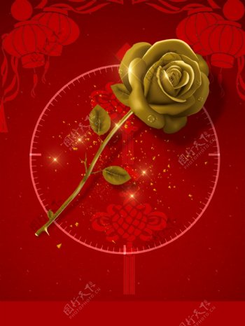 金色玫瑰大红底纹灯笼背景素材