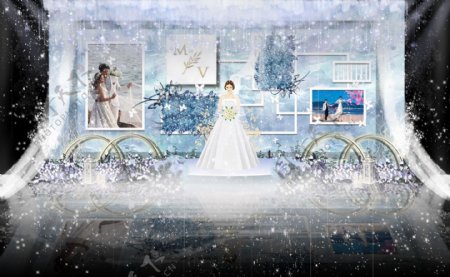 蓝色白色梦幻唯美西式婚礼迎宾区效果图