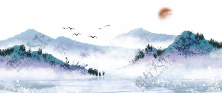 蓝色小清新中国风水墨山水插画