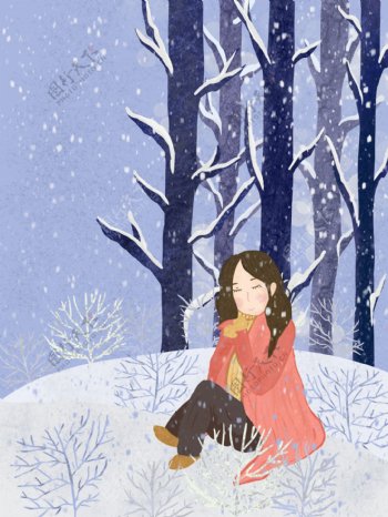 彩绘冬季雪地女孩背景设计