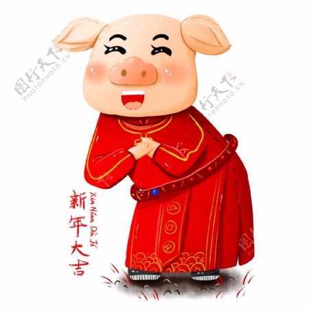 原创手绘春节2019猪形象新年大吉元素
