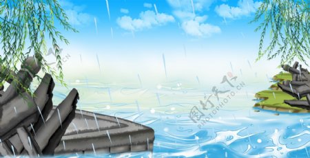 手绘早春雨天的台城背景素材