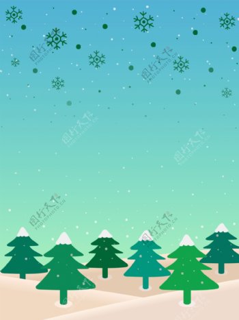 可爱雪花松树冬日雪景背景