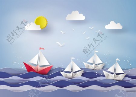 矢量儿童房帆船海景立体壁画