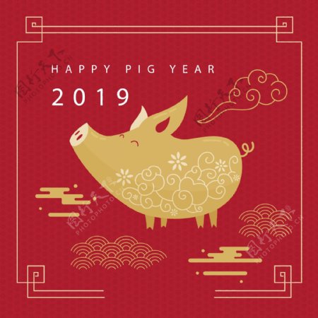 2019金色猪元素新年海报