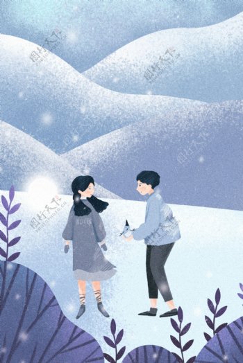 彩绘冬季雪地情侣背景素材