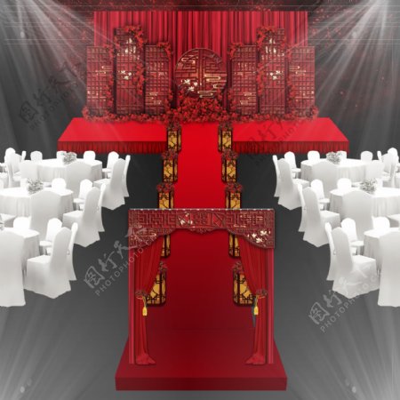 大红色新中式婚礼舞台效果图