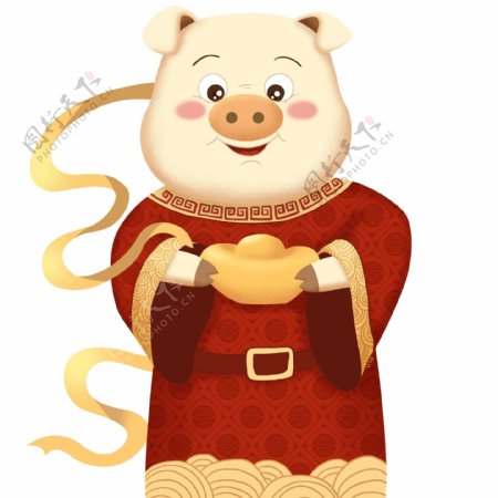 中国风喜庆捧着金元宝的小猪设计