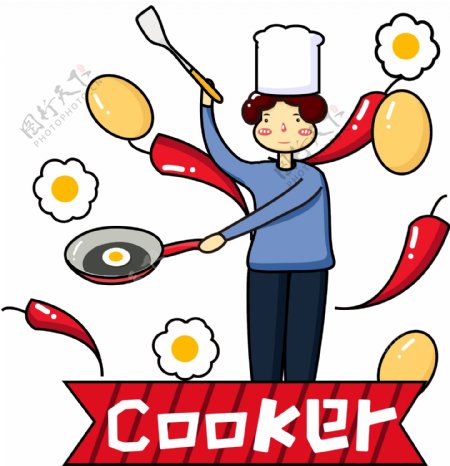 可爱卡通矢量厨师做饭烹饪