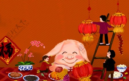 猪年春节原创手绘海报背景