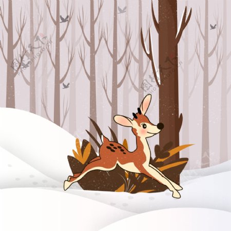 冬季雪地里奔跑的小鹿