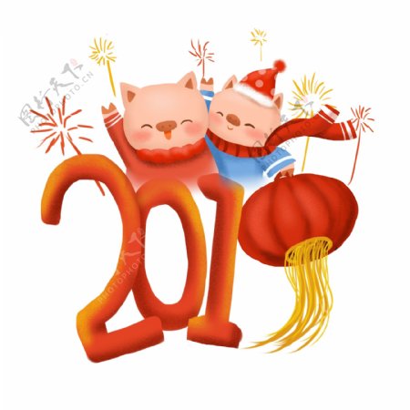 2019你好猪与新年喜庆灯笼创意元素
