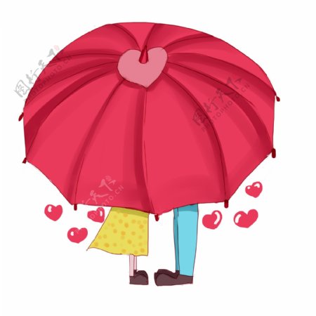 手绘情侣红伞插画