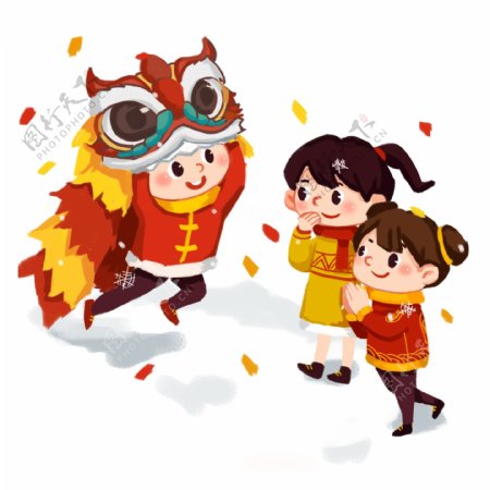 2019年手绘中国风小朋友舞狮子过新年