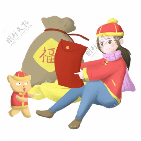 手绘春节红包插画