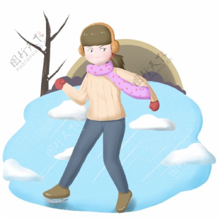 大寒滑雪的小女孩插画