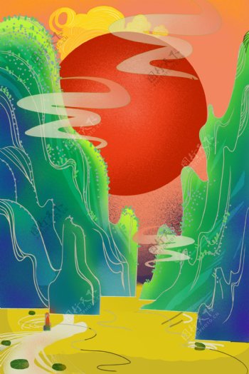手绘水彩山水画太阳背景素材