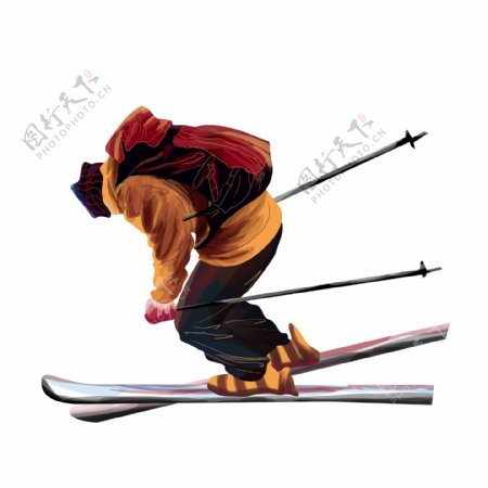 卡通手绘冬天滑雪的男人