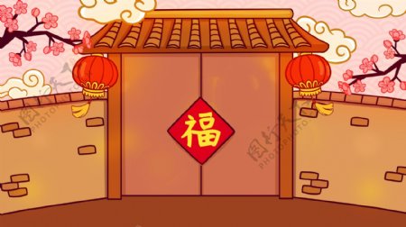 卡通手绘新年门前插画背景