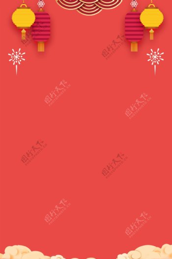 简约珊瑚红灯笼新年背景设计