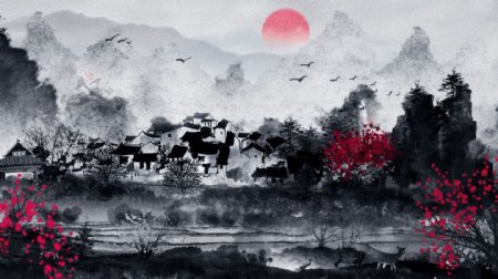 中国复古水墨画风景画中国水彩水墨插画