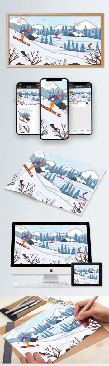 剪纸风在大山上滑雪插画