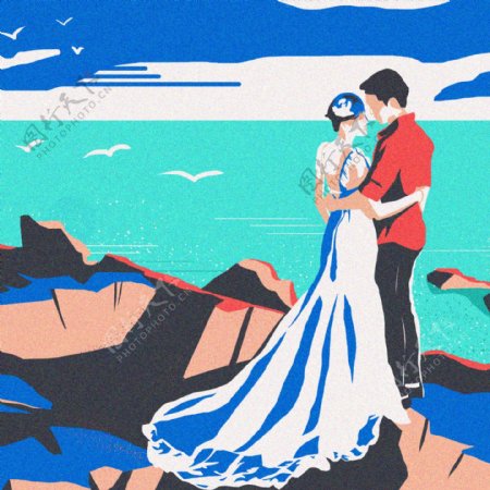 中世纪现代主义情侣海边婚纱照原创手绘插画