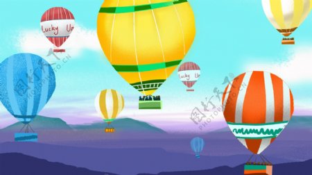五彩热气球的国度旅游出行插画