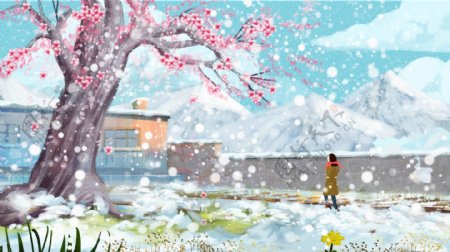 手绘原创冬天雪景二十四节气小雪大雪插画